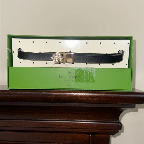 kate spade L/XL Black White Interior Pale Gold Tone Jeweled Spade Skinny Belt main image 6